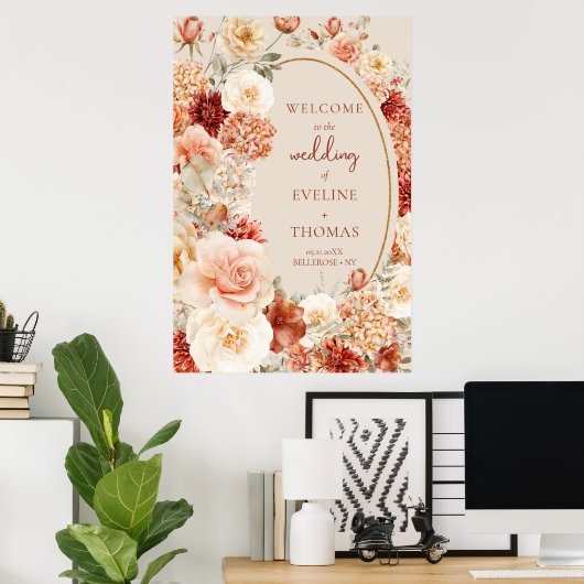 Chic Aquarell Blume Herbstfarben Kupfer Willkommen Poster (Heimbüro)