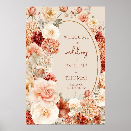 Chic Aquarell Blume Herbstfarben Kupfer Willkommen Poster (Vorne)