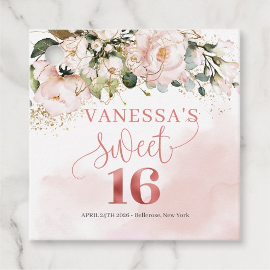 Chic Aquarell Blume Rose Gold süß 16. Geschenkanhänger (Vorderseite)