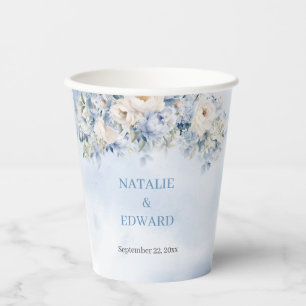 Chic Aquarell Dusty Blue Elfenbein Blume Hochzeit Pappbecher