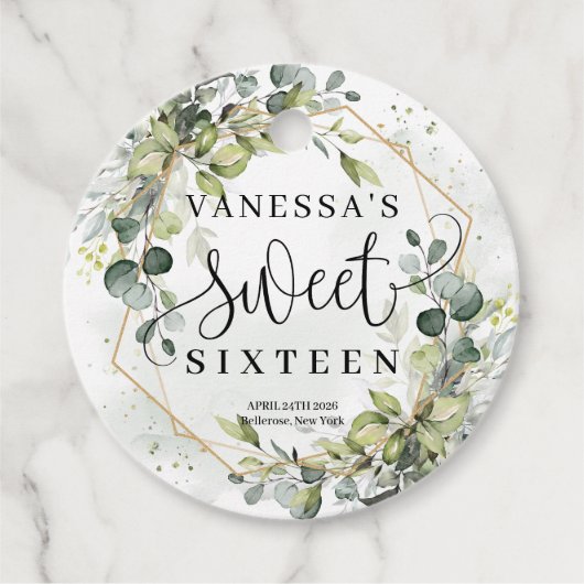 Chic Aquarell Grün und goldener Rahmen süß 16. Geschenkanhänger (Vorderseite)