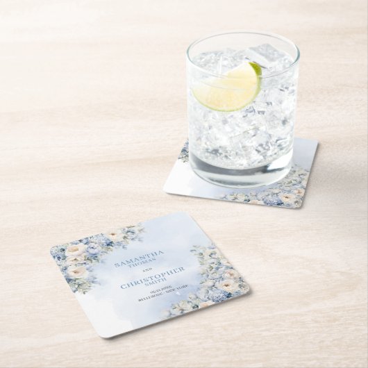 Chic Aquarellblau Hydrangea Weiße Rosen Rechteckiger Pappuntersetzer (Vor Ort)