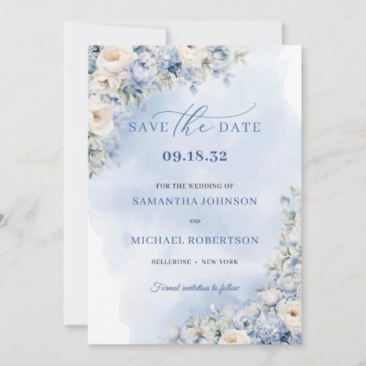 Chic Aquarellblau und beige Rose Save The Date (Vorderseite)