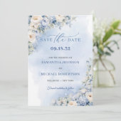 Chic Aquarellblau und beige Rose Save The Date (Stehend Vorderseite)