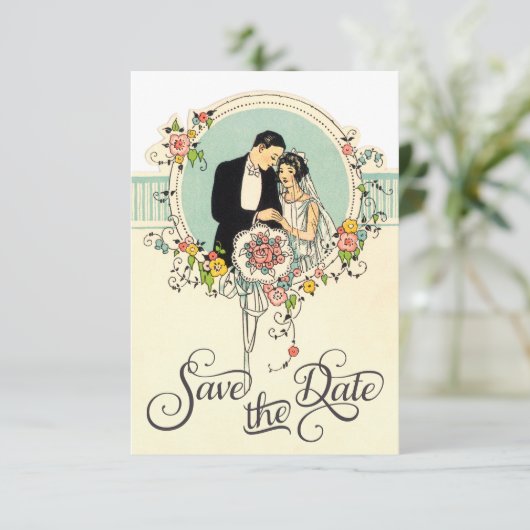 Chic Art Deco 1920er Jahre Braut & Groom Save the Save The Date (Stehend Vorderseite)