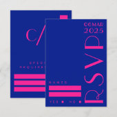 Chic Art Deco Blue Pink Retro Wedding RSVP Karte (Vorne/Hinten)