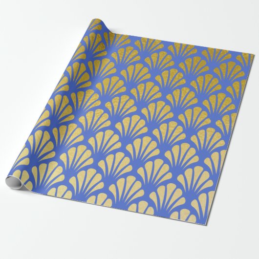 Chic Art Deco Fan Muster Azurblau & Imitate Golden Geschenkpapier (Ungerollt)