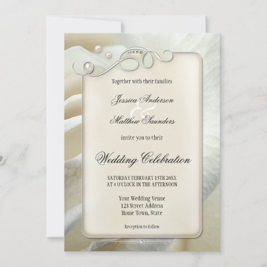 Chic Artistic Silver Ivory Rose Hochzeit Einladung (Vorderseite)