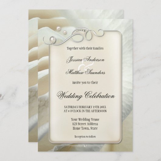 Chic Artistic Silver Ivory Rose Hochzeit Einladung (Vorne/Hinten)