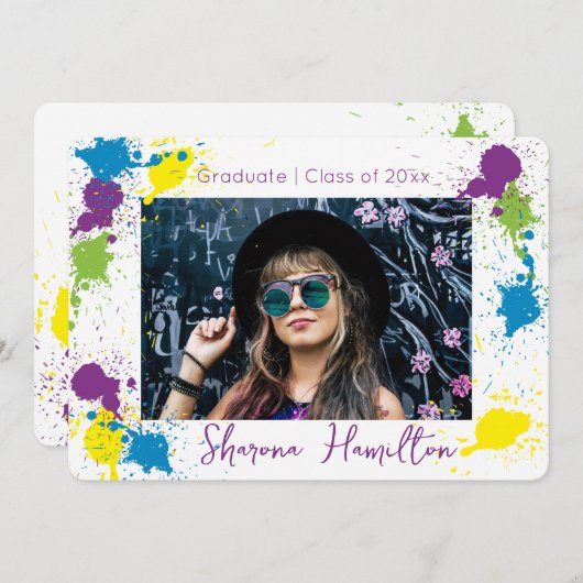 Chic Artistic Spatter-Paint Grad Foto Einladung (Vorne/Hinten)