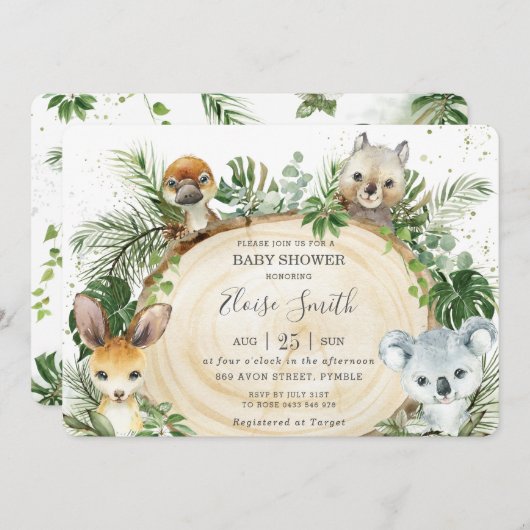Chic Australian Animals Wood Greenery Baby Shower Einladung (Vorne/Hinten)