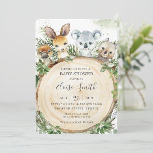 Chic Australian Animals Wood Greenery Baby Shower Einladung (Stehend Vorderseite)