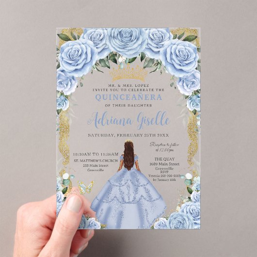 Chic Baby Blue Blume Brown Princess Quinceañera Acryleinladungen (Insitu (Handheld))