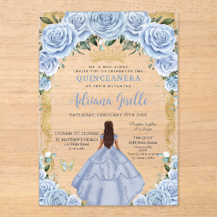 Chic Baby Blue Blume Brown Princess Quinceañera Acryleinladungen