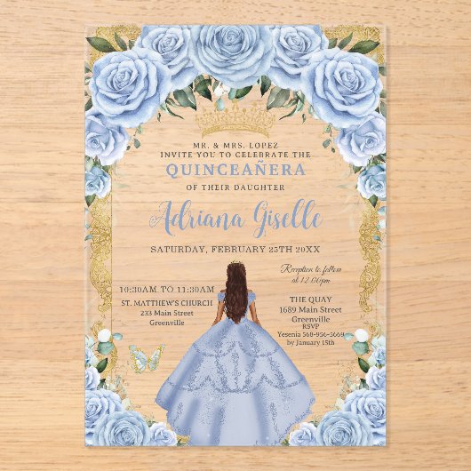 Chic Baby Blue Blume Brown Princess Quinceañera Acryleinladungen (Vorderseite)