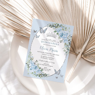 Chic Baby Blue Floral Butterfells Quinceañera Einladung