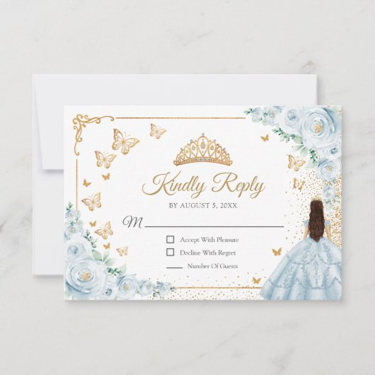 Chic Baby Blue Roses Gold Quinceanera Reply RSVP Karte (Vorderseite)