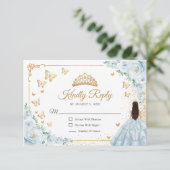 Chic Baby Blue Roses Gold Quinceanera Reply RSVP Karte (Stehend Vorderseite)