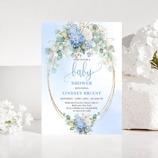 Chic Baby Shower Invitation Blue Hydrangeas Gold Einladung