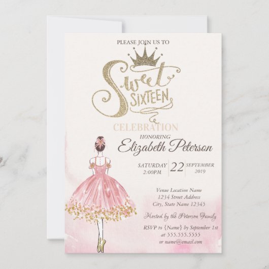 Chic Ballerina, Tiara, Diamonds Sweet 16 Einladung (Vorderseite)