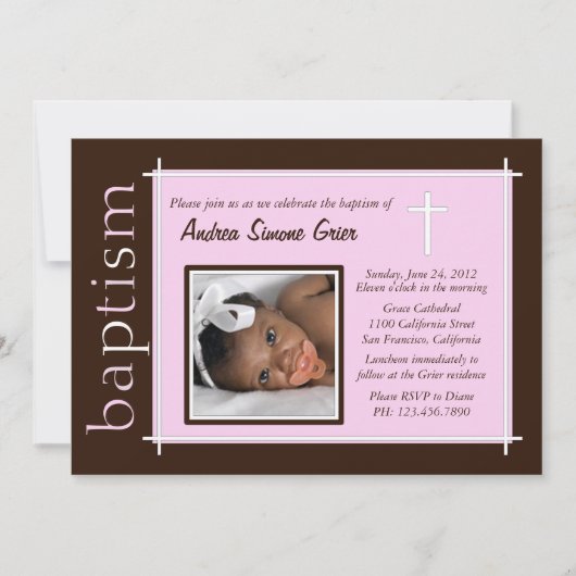 Chic Baptism Foto Einladung [pink] (Vorderseite)