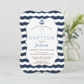 Chic Baptism Nautical Navy Waves Anchor Invite Einladung (Stehend Vorderseite)
