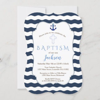 Chic Baptism Nautical Navy Waves Anchor Invite Einladung