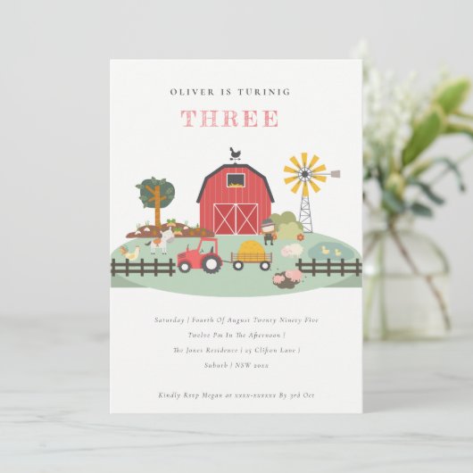 Chic Barnyard Farm Animal Any Age Photo Birthday Einladung (Stehend Vorderseite)