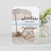 Chic Beach Chair Parasol Retirement Party Einladung (Stehend Vorderseite)