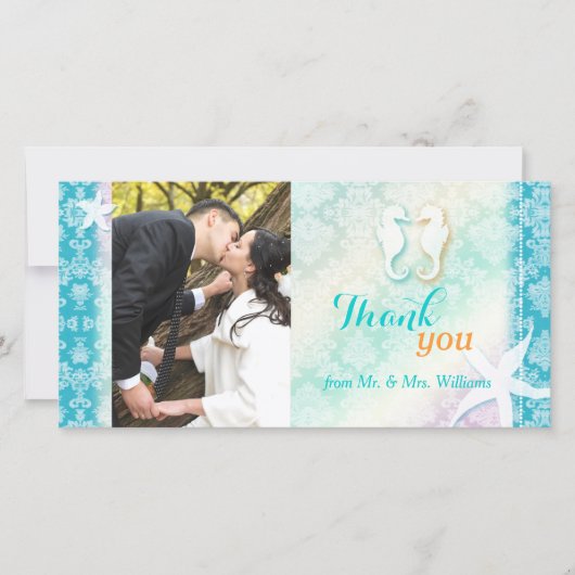 Chic Beach Seepferd Hochzeit Foto Danke Karte (Vorderseite)