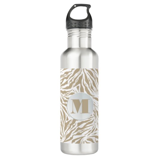 Chic Beige Animal Print Monogram Edelstahlflasche (Vorderseite)
