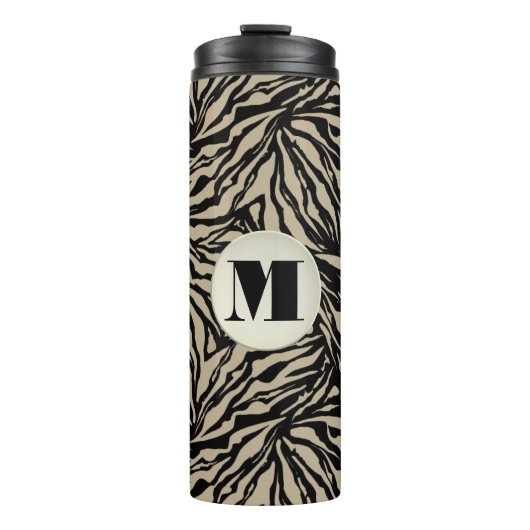 Chic Beige Black Animal Print Mit Monogramm Thermosbecher (Vorderseite)