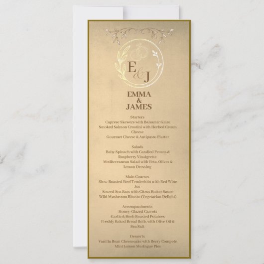 Chic Beige Cream Watercolor, Monogram Wedding Menu Einladung (Vorderseite)