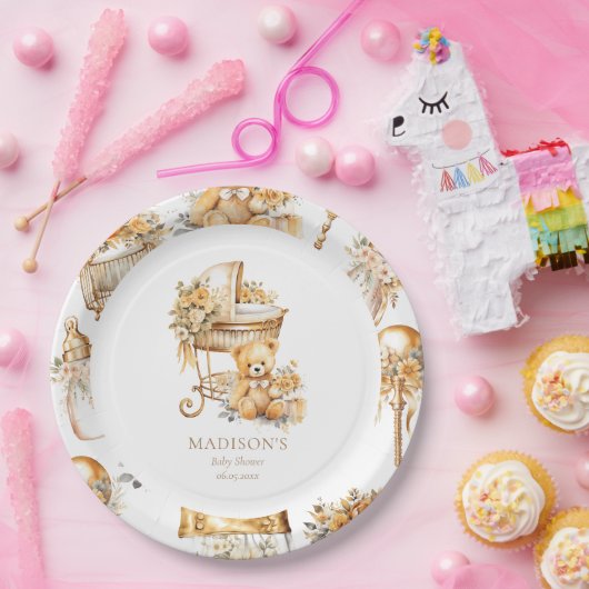 Chic Beige & Gold Bassinet Custom Pappteller (Party)