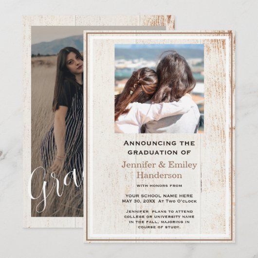 Chic Beige photo double graduation Announcement Einladung (Vorne/Hinten)