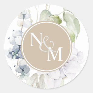 Chic Beige und White Floral Monogram Umschlag Aufk Runder Aufkleber