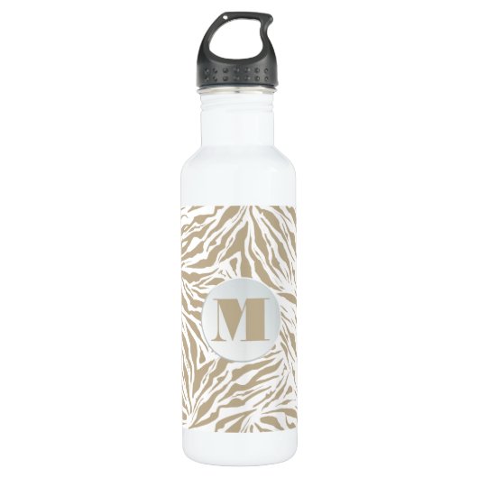 Chic Beige Zebra Print Monogram Edelstahlflasche (Vorderseite)