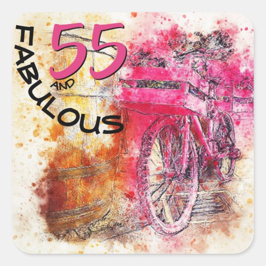 Chic Bicycle Watercolor "55 and Fabulous" Geburtst Quadratischer Aufkleber (Vorderseite)