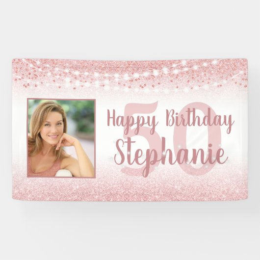 Chic Birthday Rose Gold Glitzer Lights Foto Banner (Horizontal)