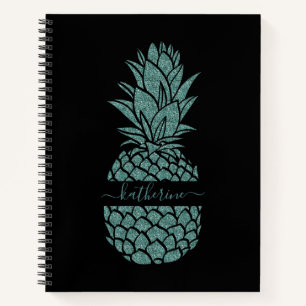Chic Black and Aquamarin Glitzer Ananas Name Notizblock