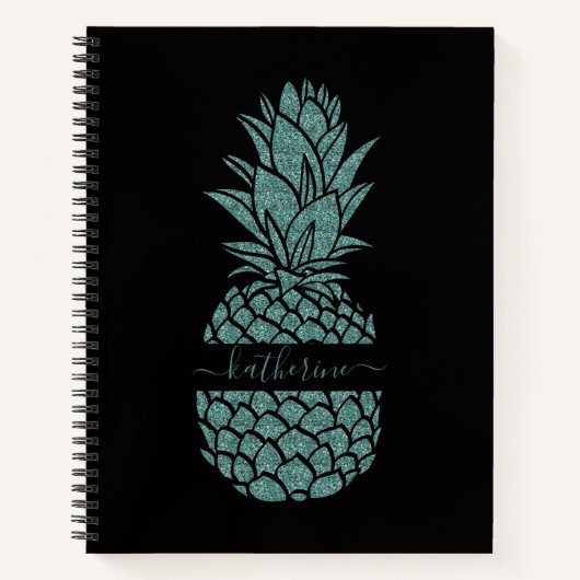Chic Black and Aquamarin Glitzer Ananas Name Notizblock (Vorderseite)