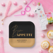 Chic Black and Gold Bon Appétit Script Geburtstag Pappteller (Party)