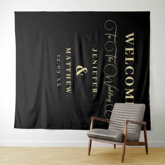 Chic Black and Gold Calligraphy Wedding Willkommen Wandteppich (Beispiel (Horizontal))