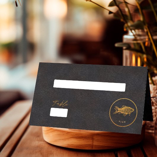 Chic Black and Gold Fish Wedding Food Choice Platzkarte