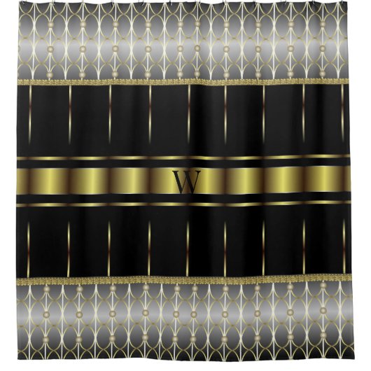 Chic Black and Gold Geometric Mit Monogramm Duschvorhang (Vorderseite)