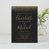 Chic Black and Gold Glitzer Script Foto Hochzeit Einladung (Stehend Vorderseite)