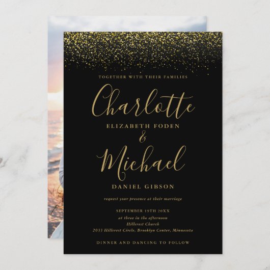 Chic Black and Gold Glitzer Script Foto Hochzeit Einladung (Vorne/Hinten)