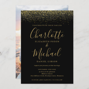 Chic Black and Gold Glitzer Script Foto Hochzeit Einladung