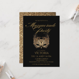 Chic Black and Gold Masquerade Party Geburtstag Einladung