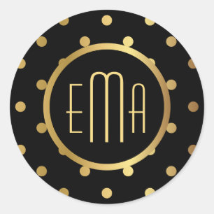 Chic Black and Gold Polka Dots mit Monogramm Runder Aufkleber